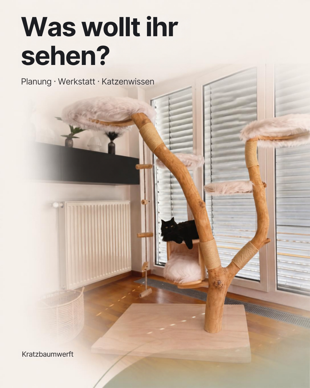 Kratzbaum mit verzweigten Holzstämmen und schwarzer Katze vor einem Fenster