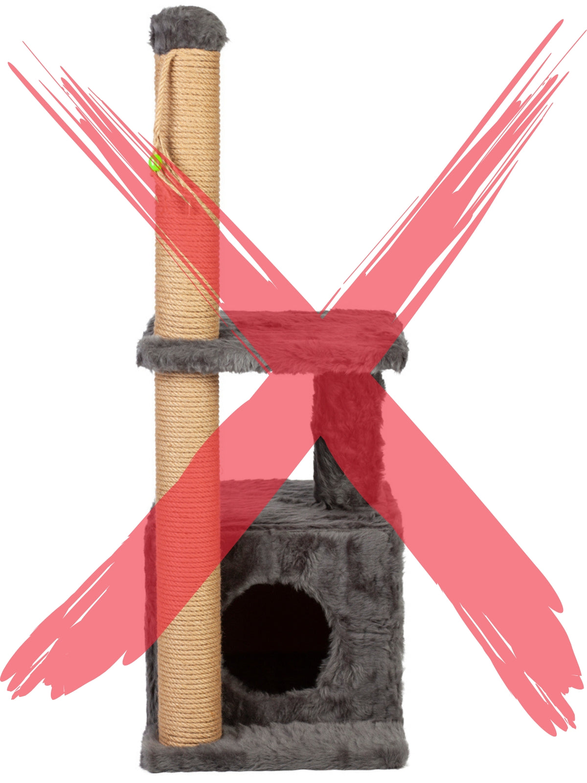 Ein handelsüblicher Naturkratzbaum mit einem roten Kreuz durchgestrichen