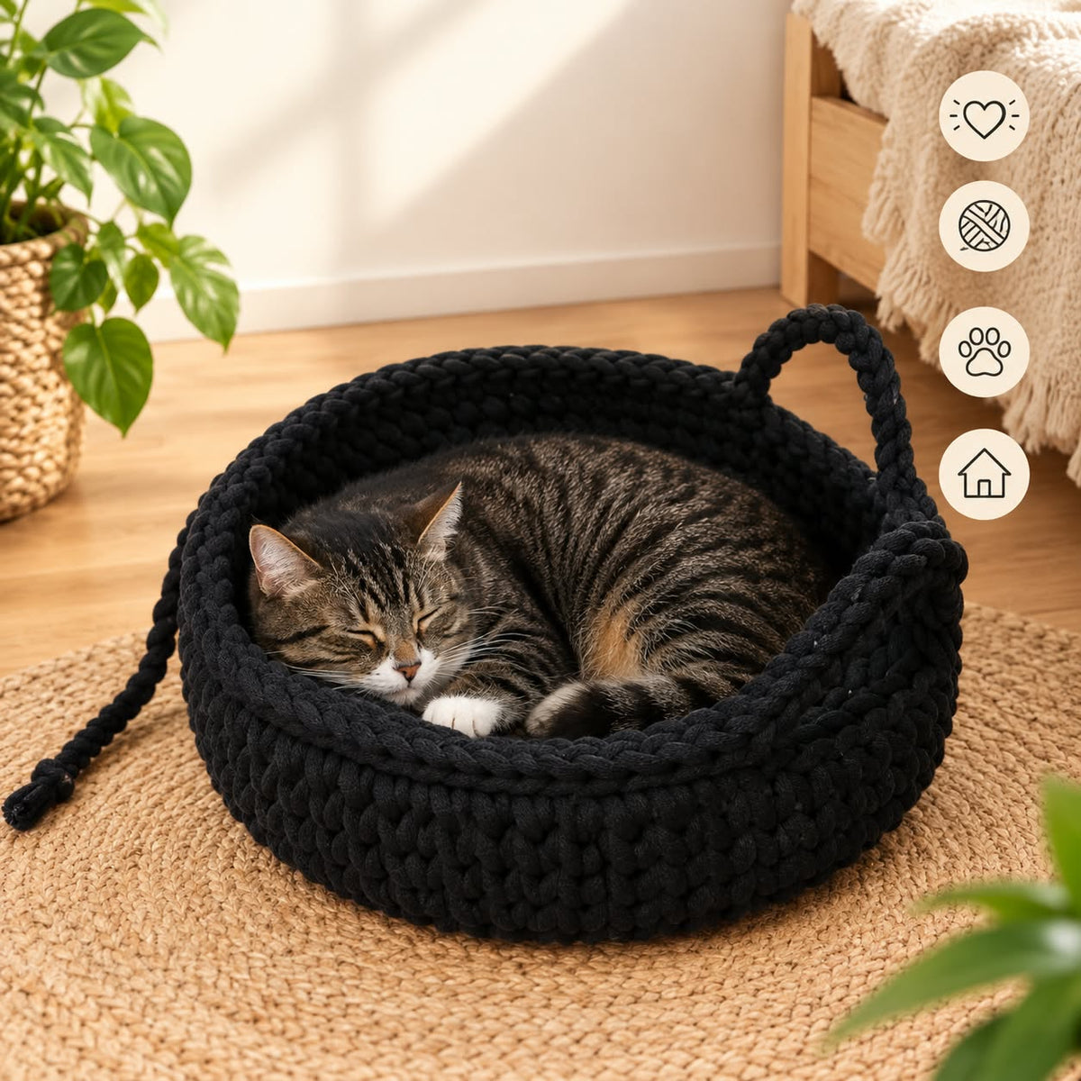 Katze im gehäkelten Katzenkorb – Anwendungsbeispiel